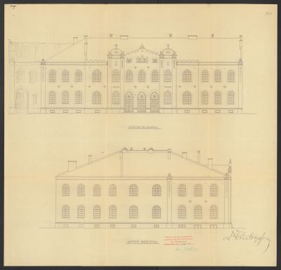 "PROJEKT GMACHU STOWARZYSZENIA BETH JEHUDA NA PARC. 105/1 PRZY UL. OGRODOWEJ" autorstwa Ludwika i Karola Holzerów z 1911 roku. Widok główny od ul. Sobieskiego i widok boczny od ul. Okrzei. W koncepcji elewacji frontalnej od ul. Sobieskiego widoczny pseudoryzalit wejściowy w stylu mauretańskim oraz elementy romańskiej i gotyckiej architektury obronnej w obrębie otworów okiennych.  Zbiory Archiwum Państwowego w Rzeszowie